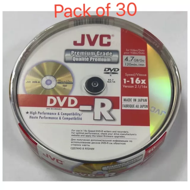 30 x JVC DVD-R 16x Speed PREMIUM Blank Discs 4.7GB 120 mins Spindle