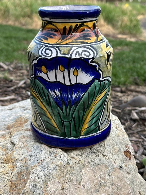 Talavera Mexican Pottery Vase Castillo Hand Painted Flowers Blue 6” Vintage