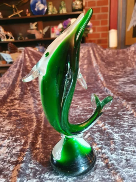 Green & White Cased Hand-Blown Glass Dolphin Ornament, Murano-Style