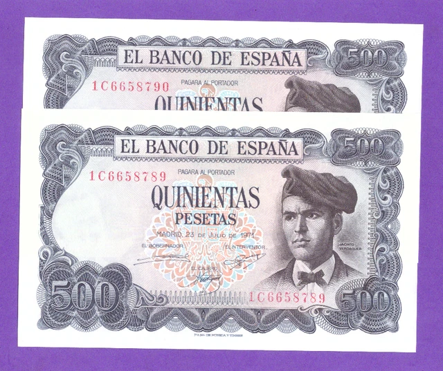 Spaiin-Banknote    Rare  Consecutive Pair  -  500   Pesetas  1971 -  Unc/Gem