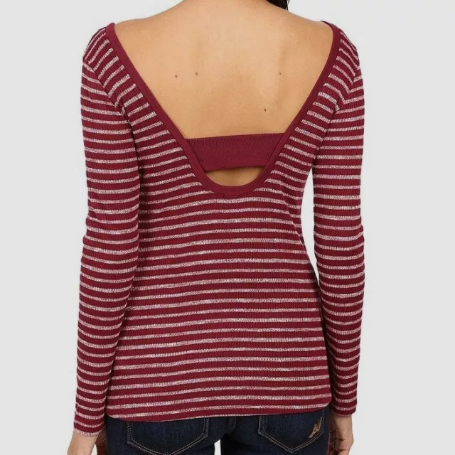 $85 Splendid Women's Red Long-Sleeve Alline Striped Scoop-Back Tee Top Size S 3