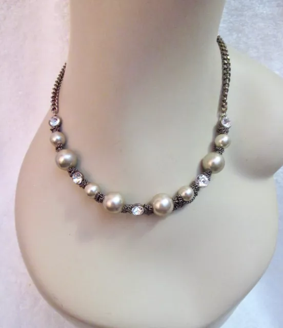 Vintage Givenchy Faux Pearl Rhinestone Necklace Rosy Gilt Chain Signed --Superb!