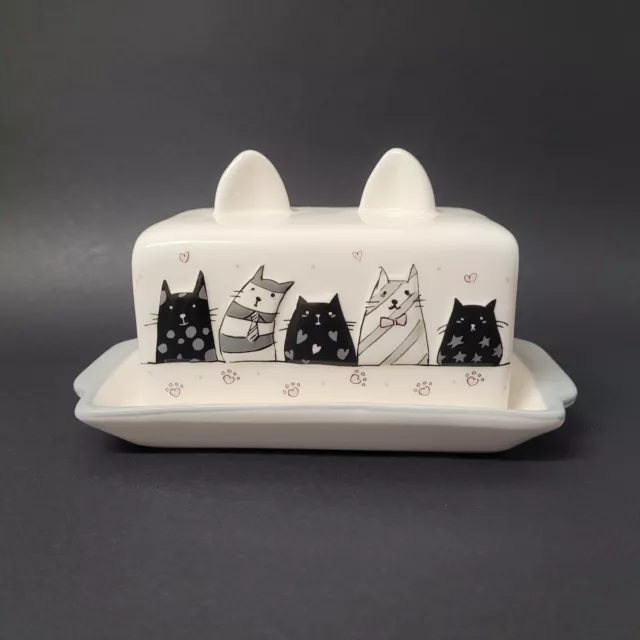 Whimsical Cupboard Cat Faces Butter Dish Black White Strawberry Street Embossed