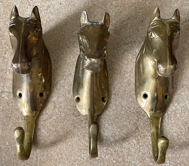 Vtg Brass Horse Head Hook Bridle Rack Coat / Hat - Stable Barn Home Equine Décor