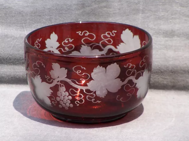 Vintage Ruby Red Flash Fruit Bowl Cut to Clear Grapevine