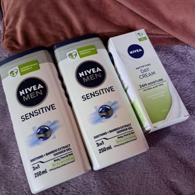 Nivea Men Sensitive 3in1 250ml Shower Gel, Mattifying Day Cream 50ml NEW