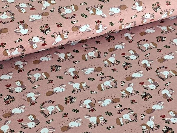 Baumwolljersey Sweet Hase mit Igel auf  Nude ( Hellrosa ) Stoff Meterware Jersey