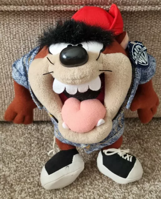 Looney Tunes Tasmanian Devil Plush Soft Toy Denim Jacket 9” 1997 Vintage WB Tag