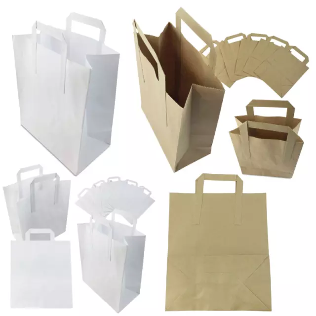 Kraft Paper Sos Party Takeaway Bags With Handles White & Brown *All Sizes/Qty's*