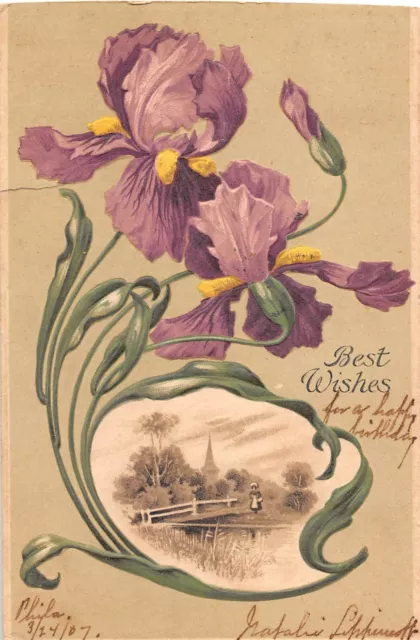 1907 Art Nouveau Best Wishes Postcard of Beautiful Purple Iris by Rural Scene