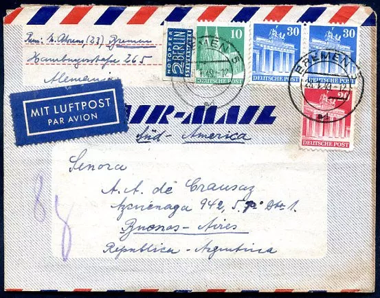 GERMANY TO ARGENTINA BIZONE Air Mail Cover 1949 w/4 colours Stamps VF