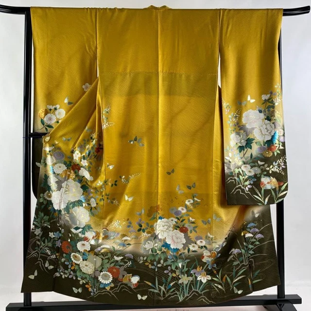 JAPANESE KIMONO FURISODE LONG SLEEVES SILK Bbright yellow 154.5cm LADIES WOVEN