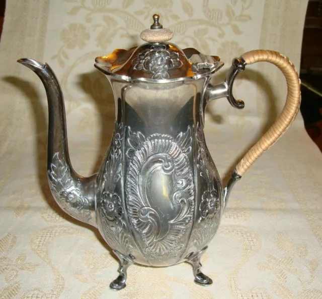 Rare Silver Plate English Victorian Tea Pot, Embossed Flowers, Wicker Handle, 8"