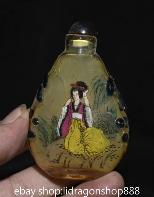 3.4" Rare Old China Glass Painting Palace Beautiful Woman Flower Snuff Bottle