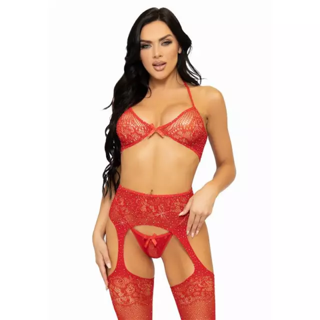 Set lingerie donna sexy 3 pezzi Leg Avenue con strass rosso 34/36/38 #GW1262