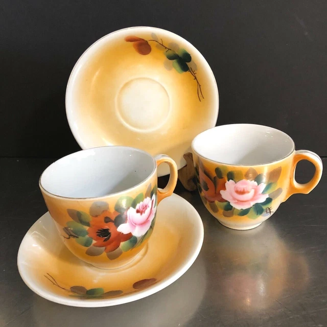 Vintage Tea Cups Saucers Set 2 Made Japan Orange Floral Hand Painted Collectible