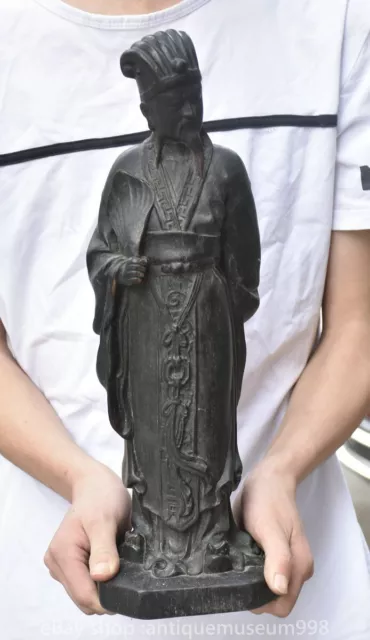 16 "vieille sculpture en bois d'ébène Zhuge Liang Holds the Fan