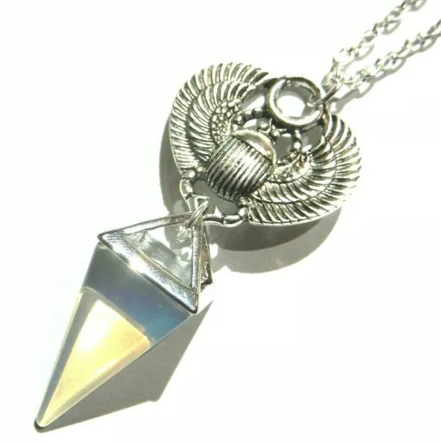 SCARAB BEETLE OPALITE PYRAMID NECKLACE Egypt Egyptian Gothic Occult Pendant 5B