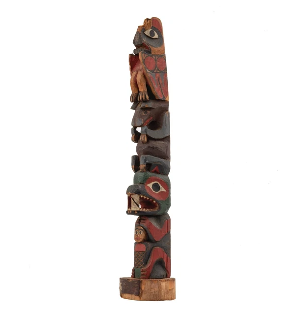 A Native American Antique Polychrome Carved Wood Model Totem