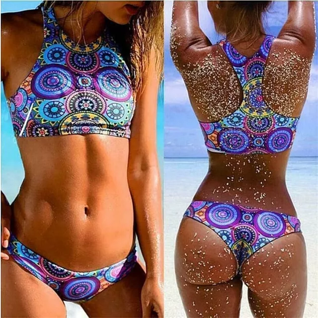 Maillot de Bain Femme Bikini Brésilien Triangle Brassière Motifs Bleu du S au XL