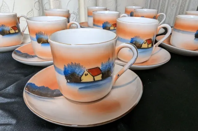 Vintage TAKITO Fine Bone China Hand Painted Demitasse 11 Cups & Saucers Japan