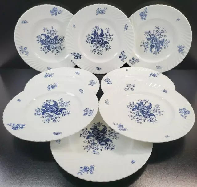 (8) Royal Worcester Blue Sprays Dinner Plates Set Floral White Swirl England Lot 3