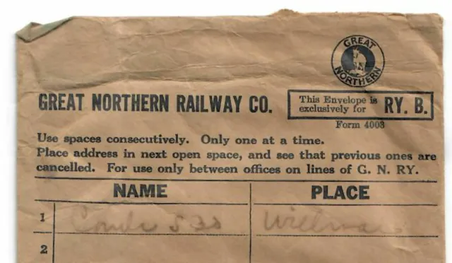 GREAT NORTHERN RAILWAY G.N.Ry. R.R.B. RAILROAD CONDUCTOR ENVELOPE w/ LOGO 1940's