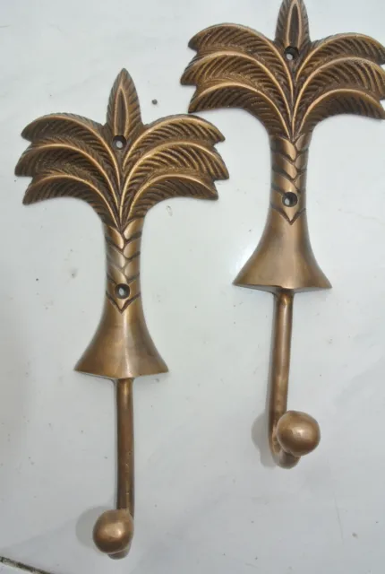 2 large Palm tree COAT HOOKS solid age brass tropicle vintage old style 20 cm B 7