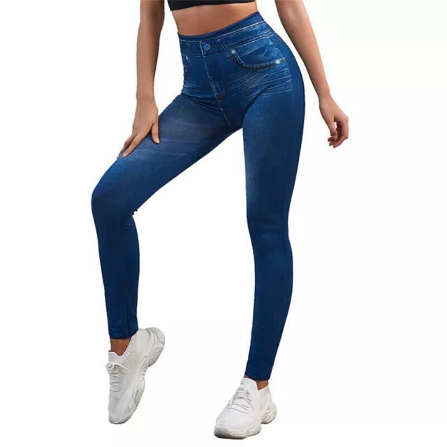 Women Skinny Jeggings Faux Denim Jeans Slim Pencil Long Leggings Casual Pants