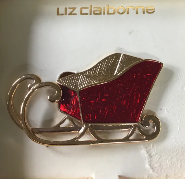 Liz Claiborne Brooch Holiday Christmas Santa's Sleigh Red Enamel Gold Tone Pin