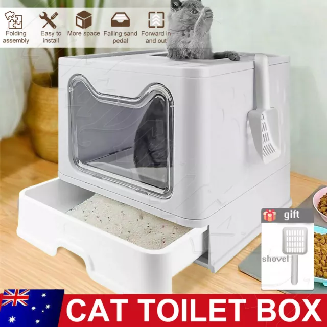 XXL Large Space Foldable Cat Litter Box with Front Entry & Top Exit & Slide Tray