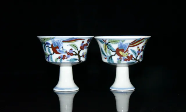 A Pair Doucai Porcelain Handmade Exquisite Flowers&Birds Pattern Cup 8040