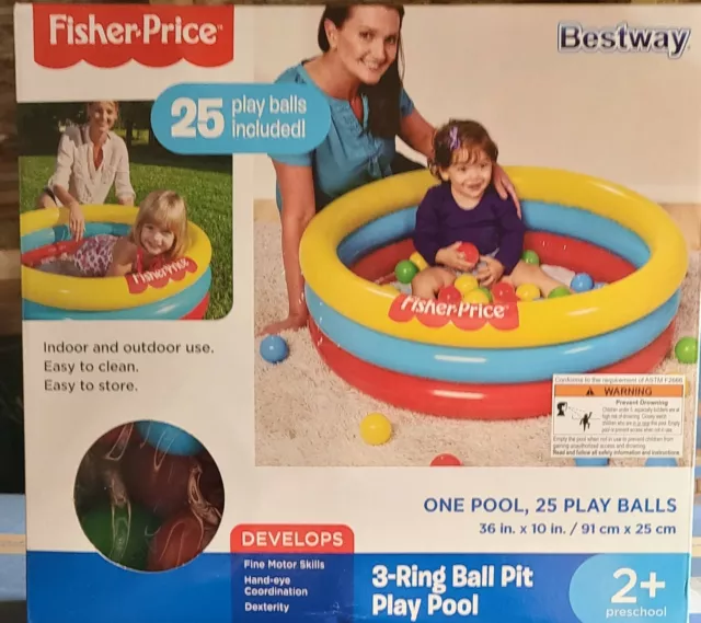 FISHER PRICE 3 Ring Ball Pit Play Inflatable POOL 25 Balls Included 36”x10” NEW