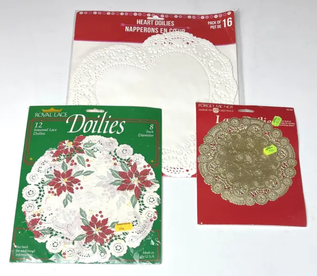 3pks VTG Paper DOILIES 6" Gold 8" Poinsettia Christmas 10.5" White Hearts NIP