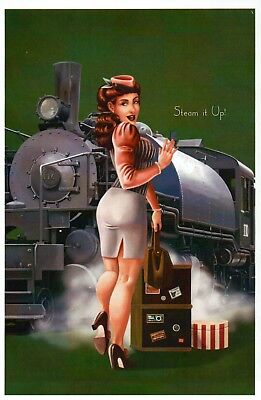 Steam Locomotive Pinup Girl Railroad Trip, Train, Suitcase etc - Modern Postcard