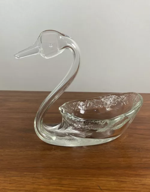 Vintage Blenko Blown Clear Art Glass Swan Candy Dish  Trinket Flat Head EUC