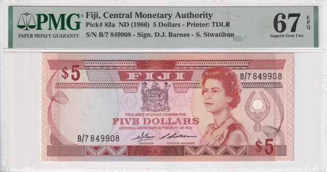 Fiji 5 Dollars ND 1986 P 83 a Superb Gem UNC PMG 67 EPQ