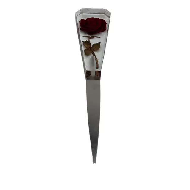 Encased Red Rose Acrylic Handle Stainless Steel Letter Opener Vintage