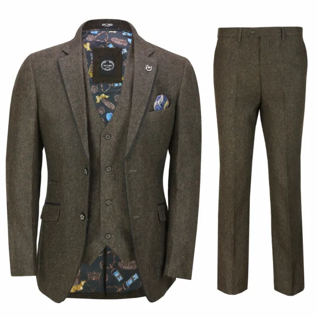 Mens Brown Vintage Tweed Herringbone 3 Piece Suit Retro Peaky Blinders Style