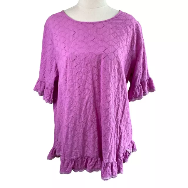 Worthier Blouse Womens M/L Pink Ruffle Broderie Anglaise Boxy Top Hi Low Hem