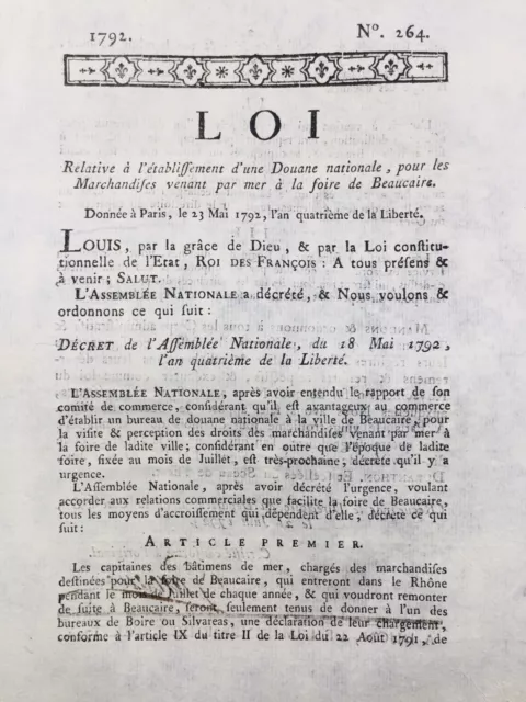 Beaucaire en 1792 Gard Commerce Douane Rare Loi Révolution Française Dijon Capel