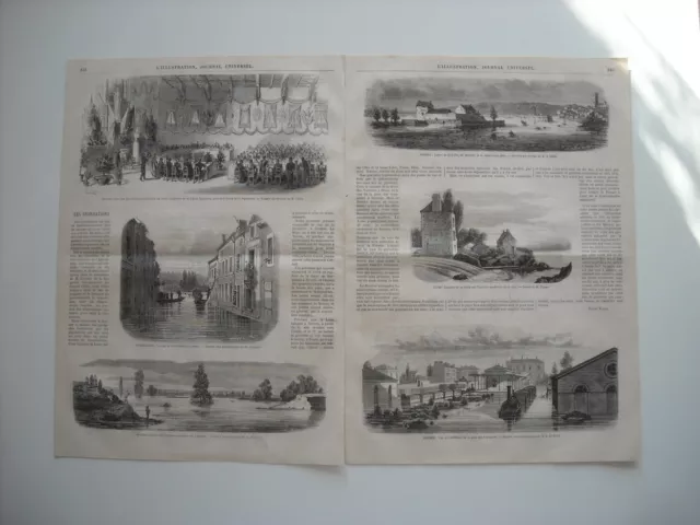 Gravure 1866. Inondations Loire Et Seine. Corbeil. Nevers. Blois. Saumur. Nevers