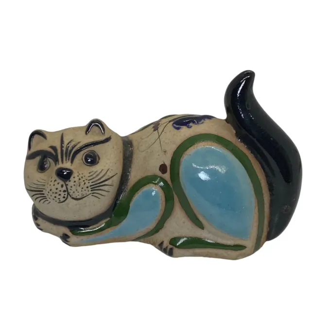 Vintage Small Tonala Mexican Art Pottery Cat Folk Art Signed Vicman