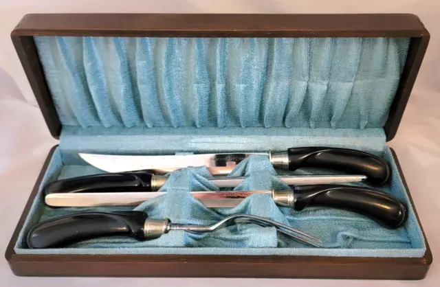 EKCO Flint Vanadium Chef Carving Set Walnut? Box MCM Stainless Bakelite? USA Vtg