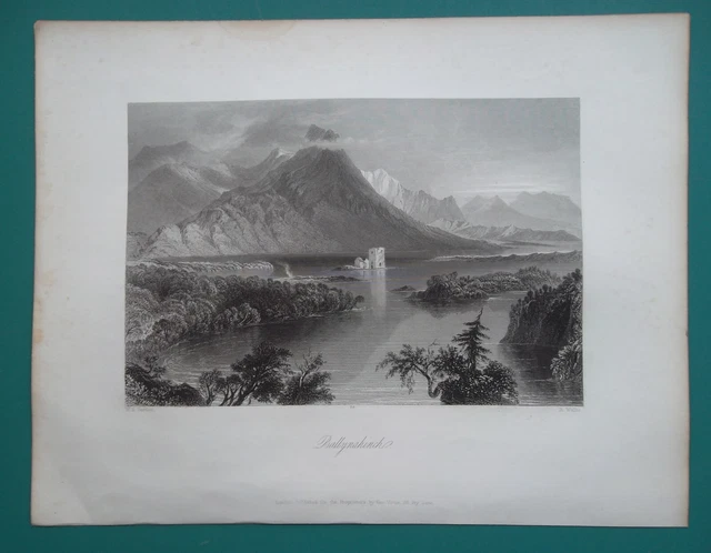 IRELAND Connemara Ballynahinch Lake - 1841 BARTLETT Antique Print