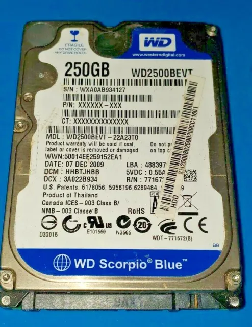 WD2500BEVT-22A23T0, DCM HHBTJHBB, Western Digital 250GB SATA 2.5 Hard Drive