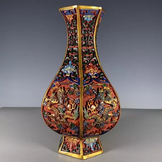 Qing Dynasty Qianlong Lacquerware, Hand-painted Dragon Patterned Hexagonal Vase