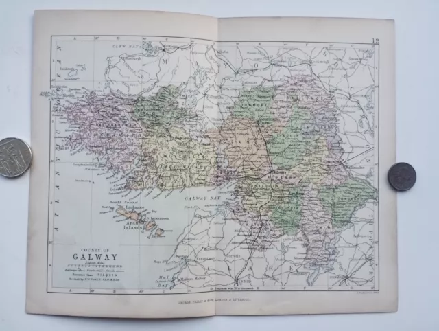 Antique County Map of Galway , Ireland - Phillips Handy Atlas , 1882