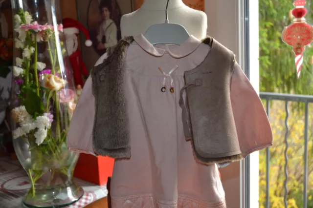 robe baby dior 3 mois toute doublee 20% laine wold rose initiales+gilet neuf oba 2