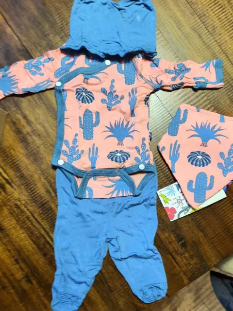 Kickee Pants Kimono Outfit Set w/ Bandana Bib, NB, Strawberry Cactus, NWT